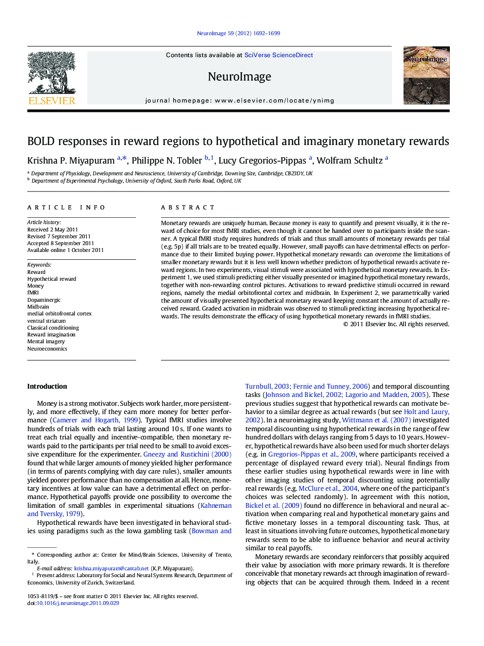 BOLD responses in reward regions to hypothetical and imaginary monetary rewards