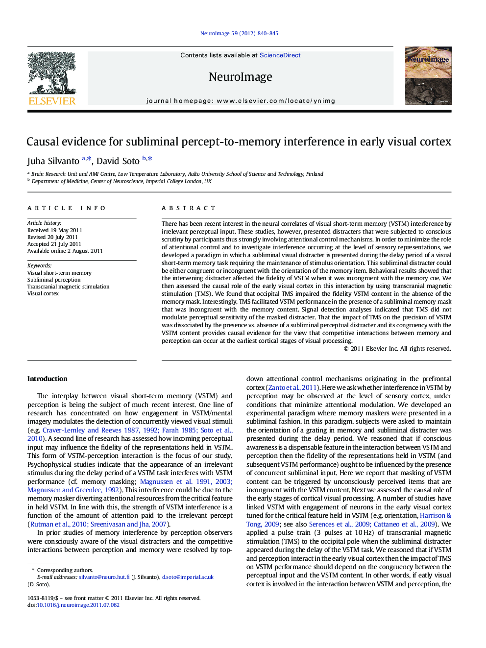 Causal evidence for subliminal percept-to-memory interference in early visual cortex