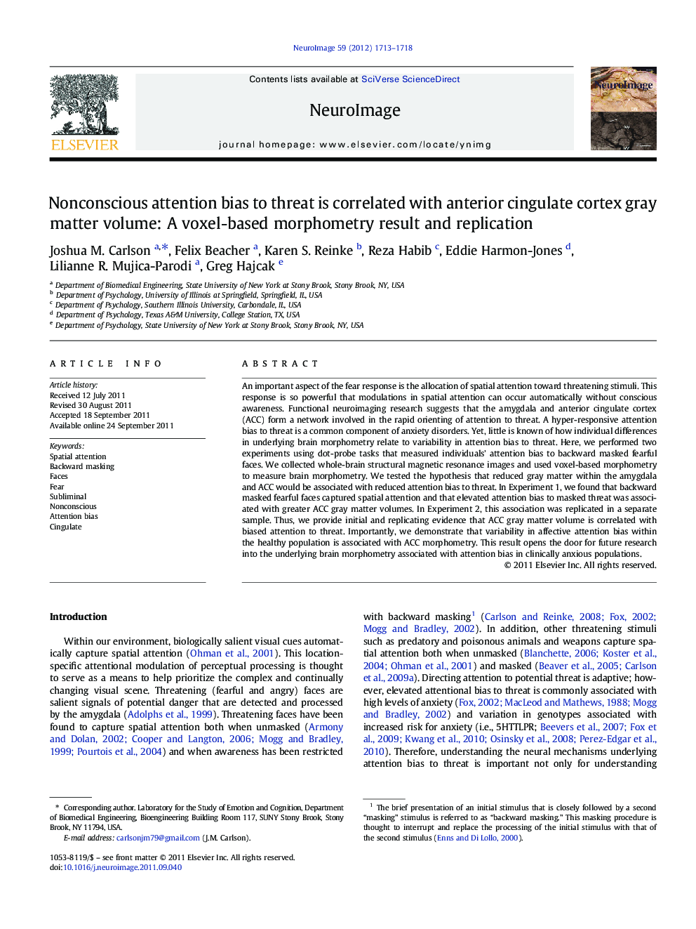 Nonconscious attention bias to threat is correlated with anterior cingulate cortex gray matter volume: A voxel-based morphometry result and replication