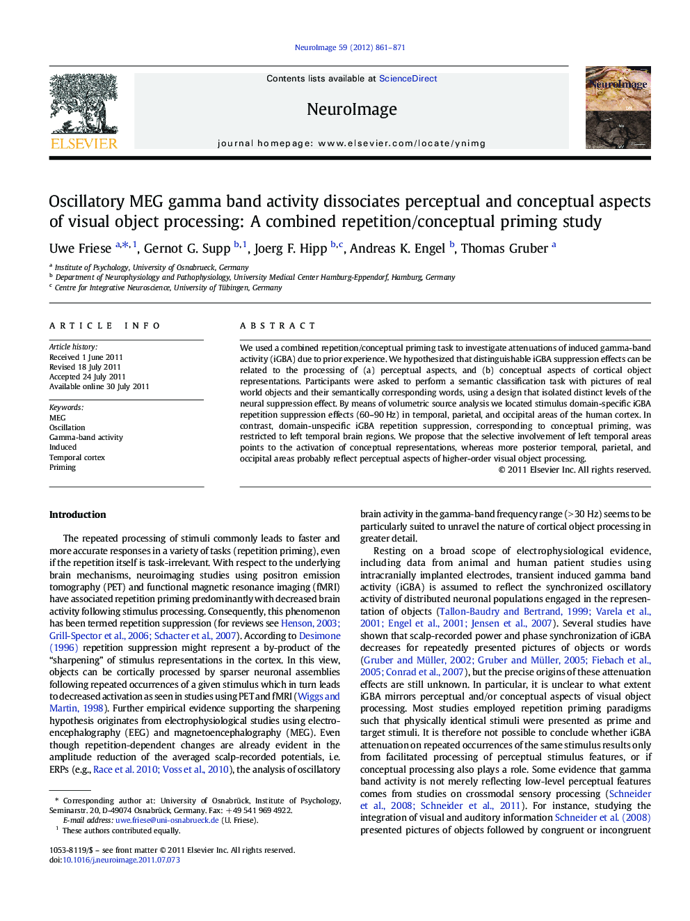 Oscillatory MEG gamma band activity dissociates perceptual and conceptual aspects of visual object processing: A combined repetition/conceptual priming study