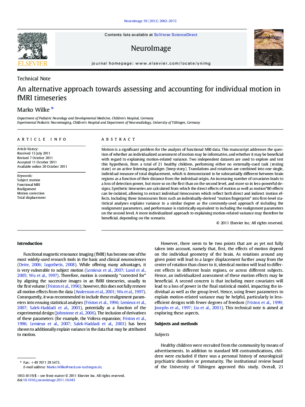 An alternative approach towards assessing and accounting for individual motion in fMRI timeseries