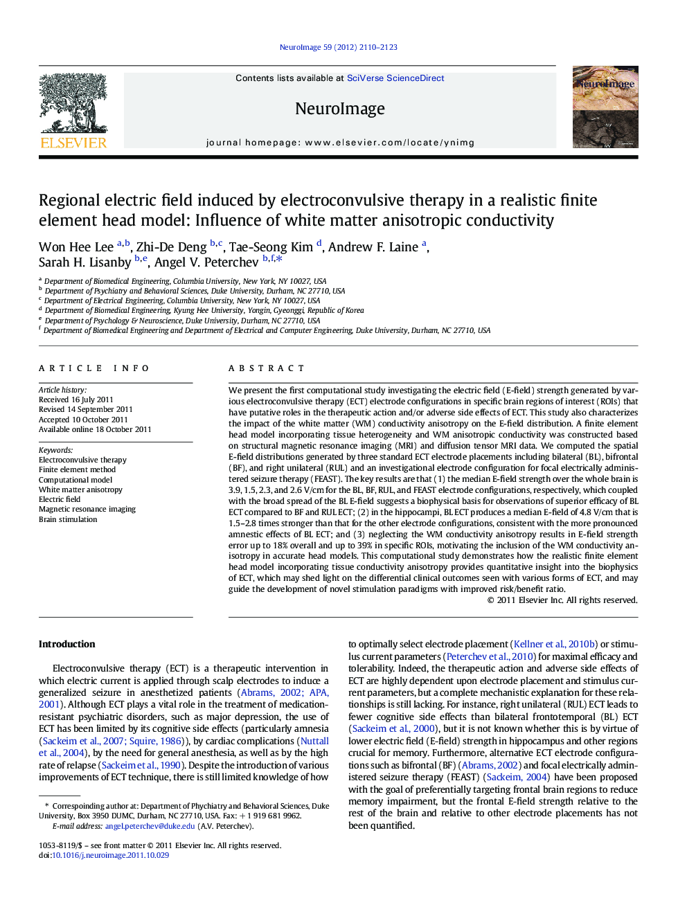 Regional electric field induced by electroconvulsive therapy in a realistic finite element head model: Influence of white matter anisotropic conductivity