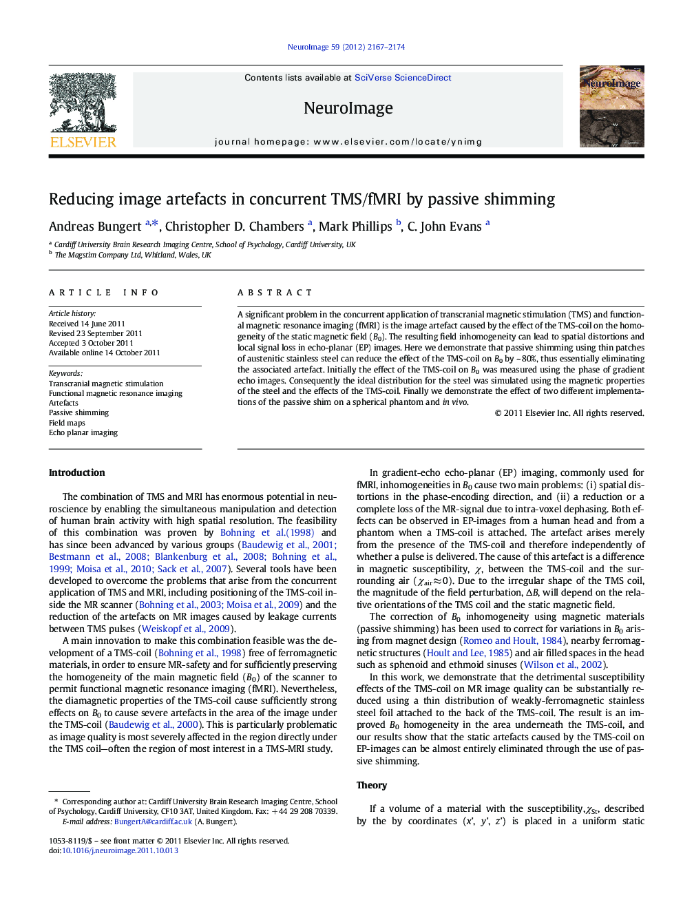 Reducing image artefacts in concurrent TMS/fMRI by passive shimming