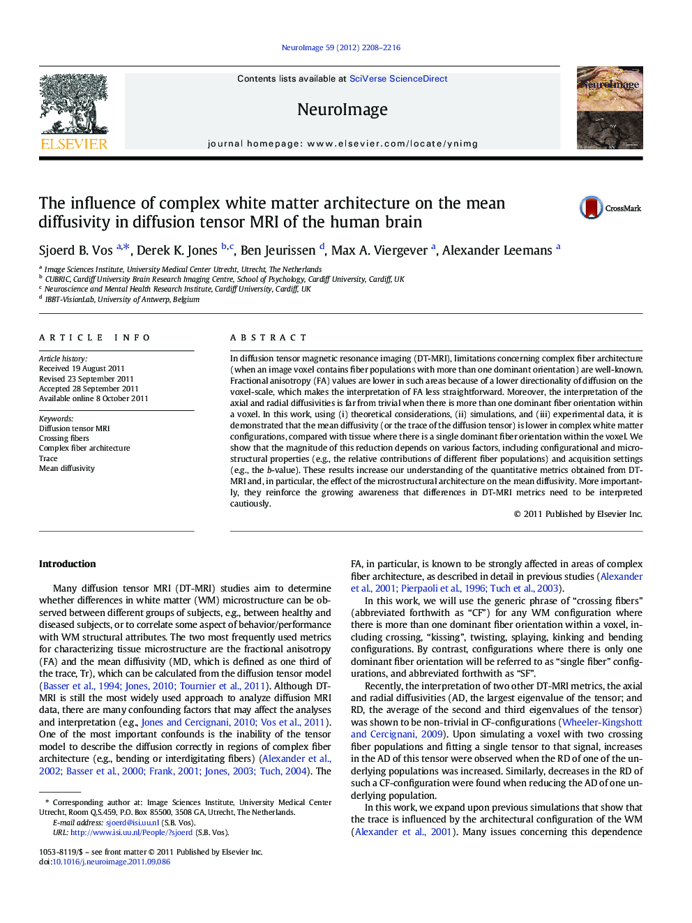 The influence of complex white matter architecture on the mean diffusivity in diffusion tensor MRI of the human brain