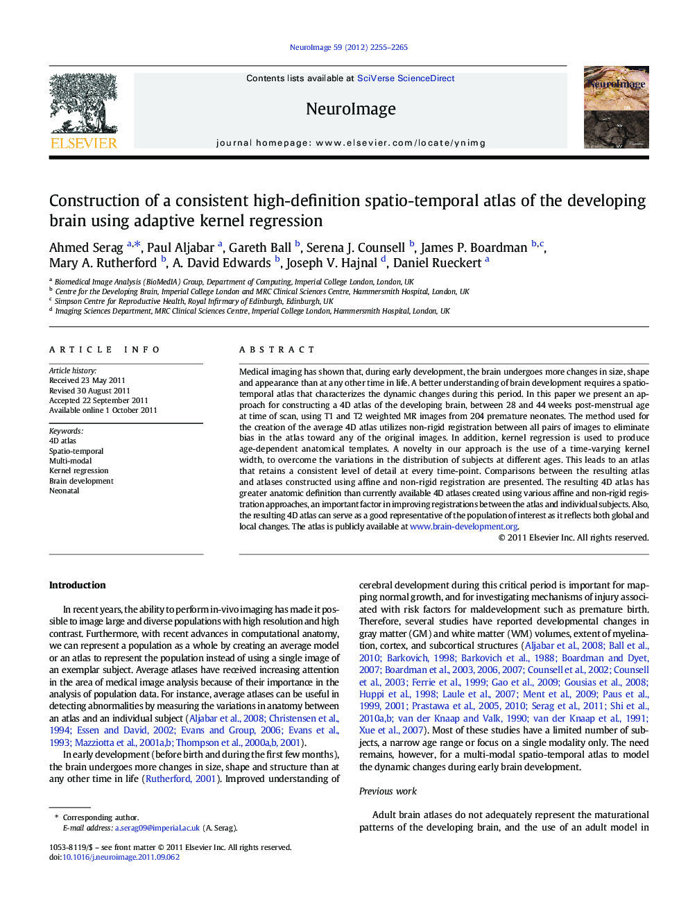 Construction of a consistent high-definition spatio-temporal atlas of the developing brain using adaptive kernel regression