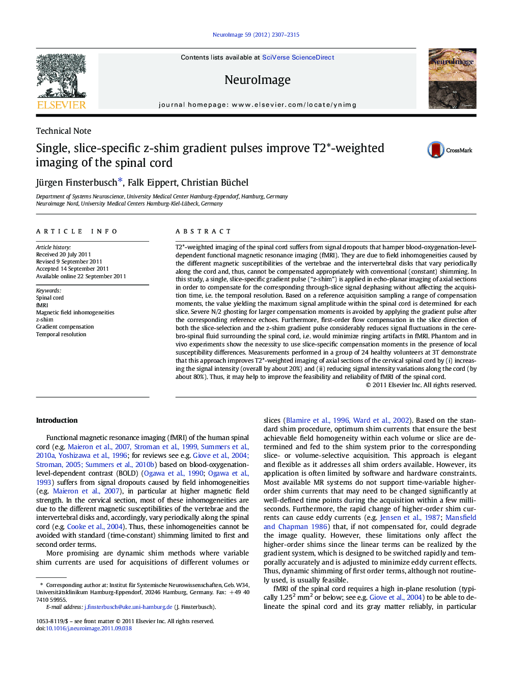 Technical NoteSingle, slice-specific z-shim gradient pulses improve T2*-weighted imaging of the spinal cord