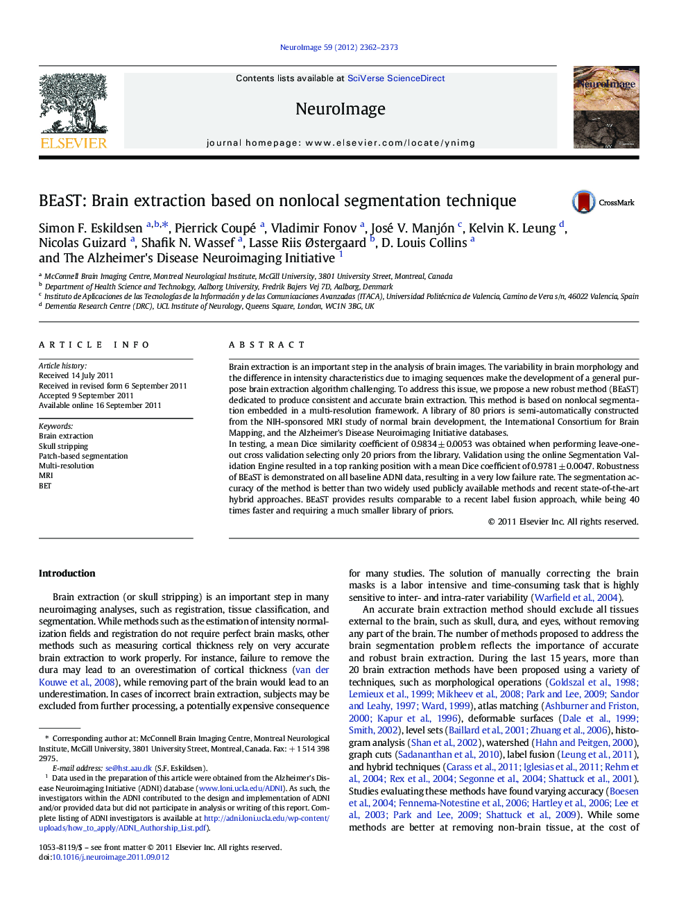 BEaST: Brain extraction based on nonlocal segmentation technique