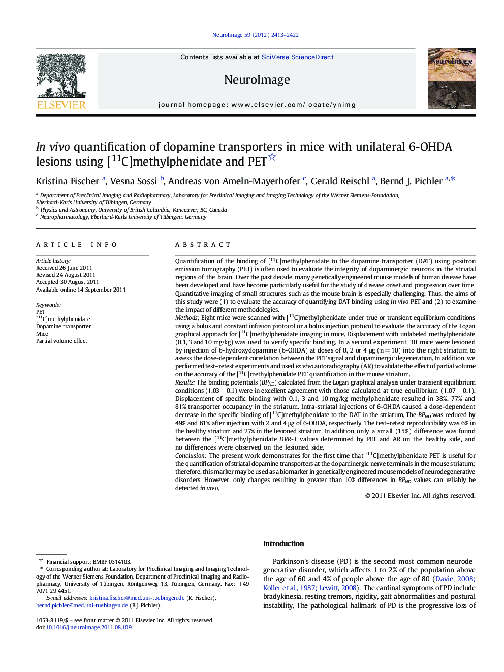 In vivo quantification of dopamine transporters in mice with unilateral 6-OHDA lesions using [11C]methylphenidate and PET