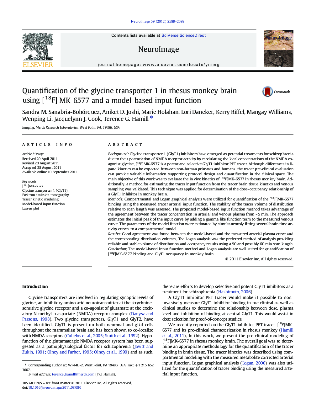 Quantification of the glycine transporter 1 in rhesus monkey brain using [18F]MK-6577 and a model-based input function