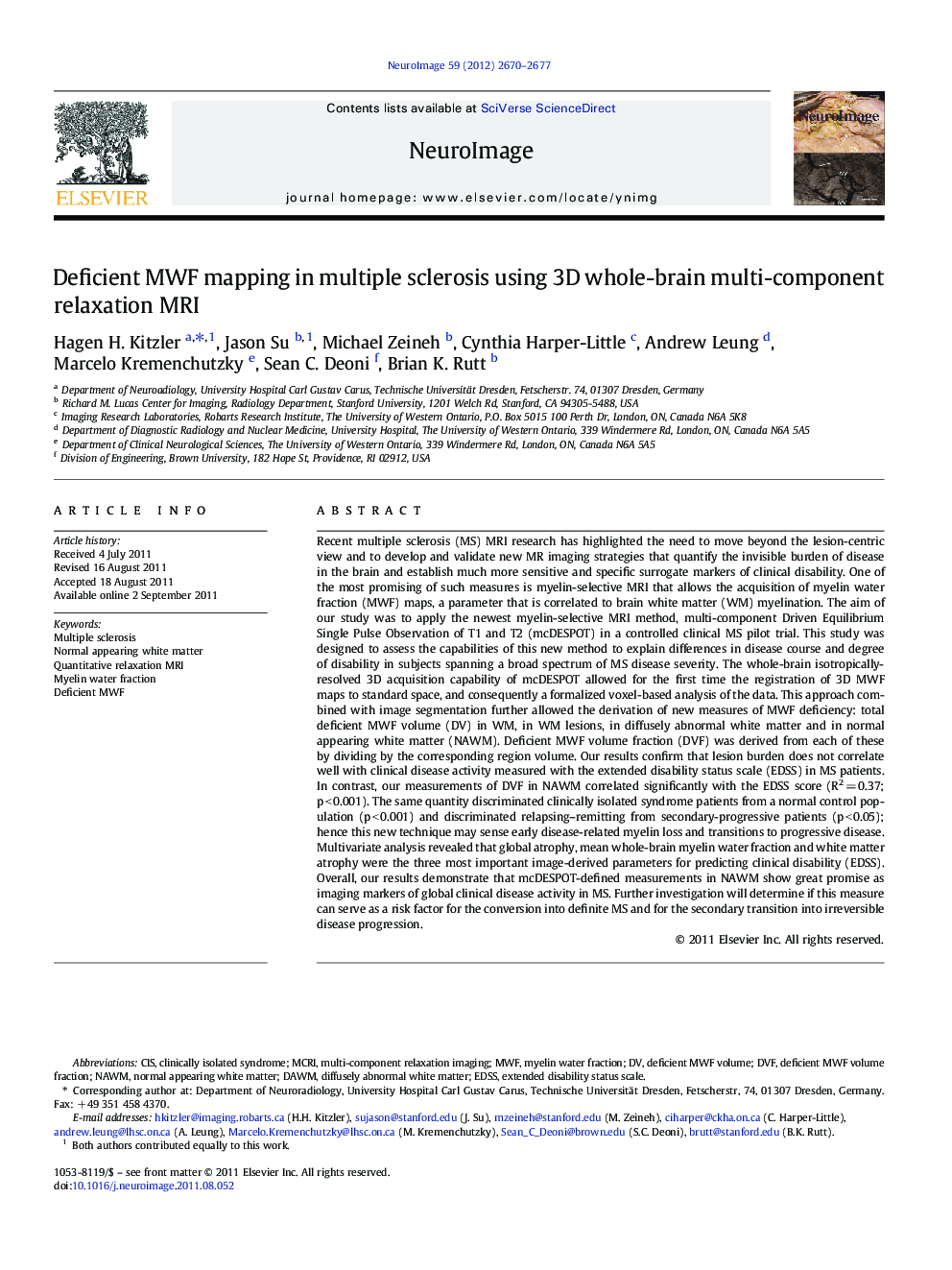 Deficient MWF mapping in multiple sclerosis using 3D whole-brain multi-component relaxation MRI