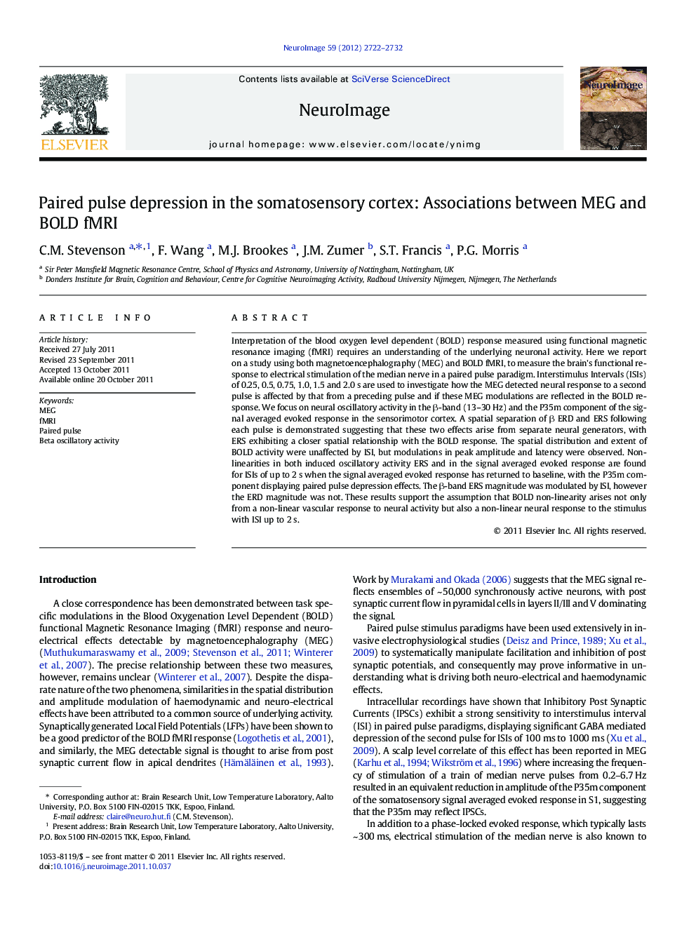 Paired pulse depression in the somatosensory cortex: Associations between MEG and BOLD fMRI