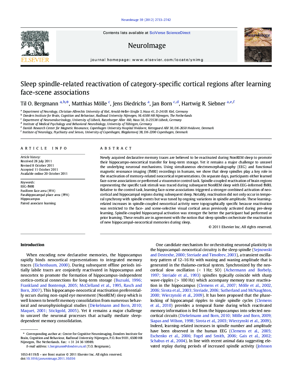 Sleep spindle-related reactivation of category-specific cortical regions after learning face-scene associations