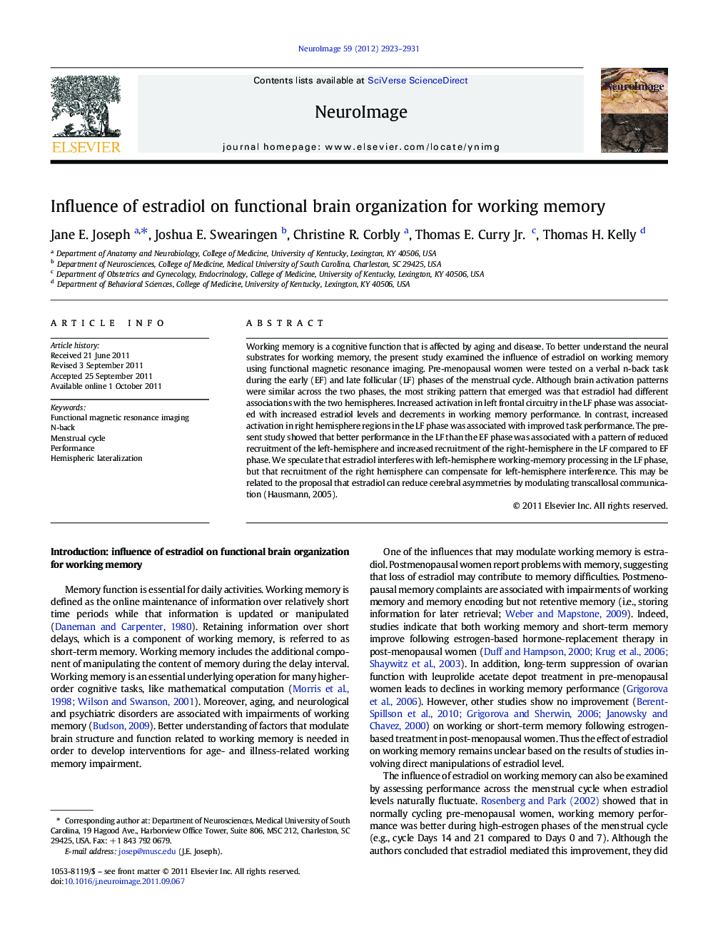 Influence of estradiol on functional brain organization for working memory