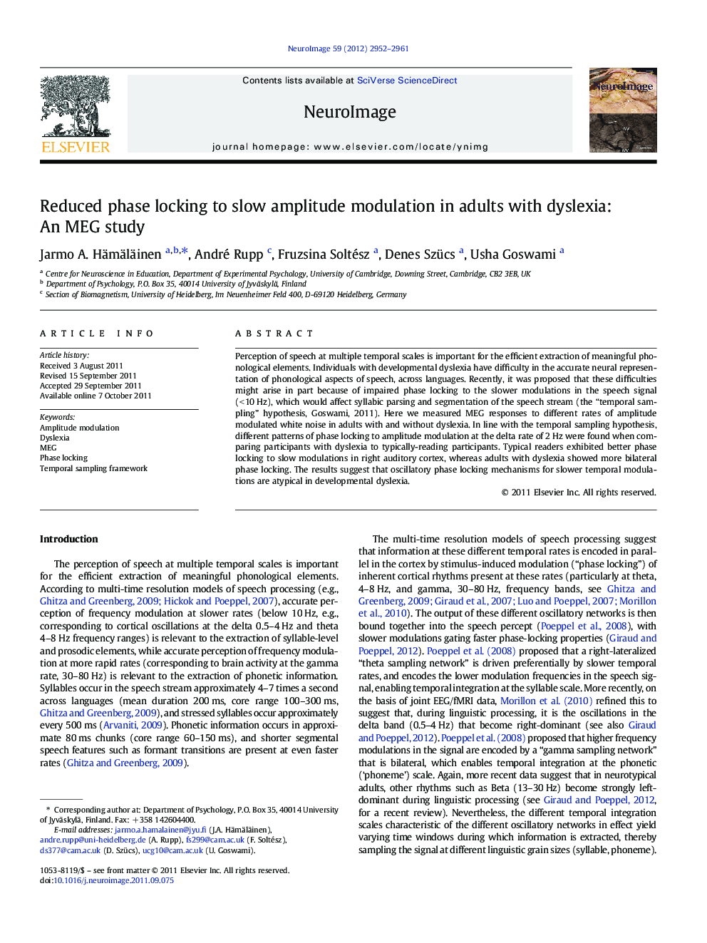 Reduced phase locking to slow amplitude modulation in adults with dyslexia: An MEG study