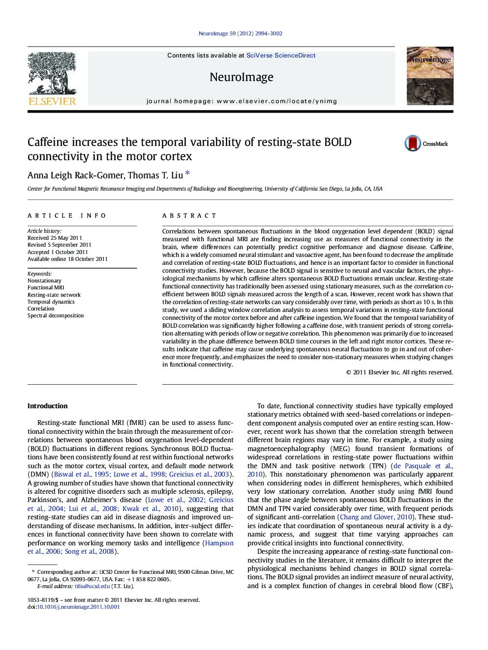 Caffeine increases the temporal variability of resting-state BOLD connectivity in the motor cortex