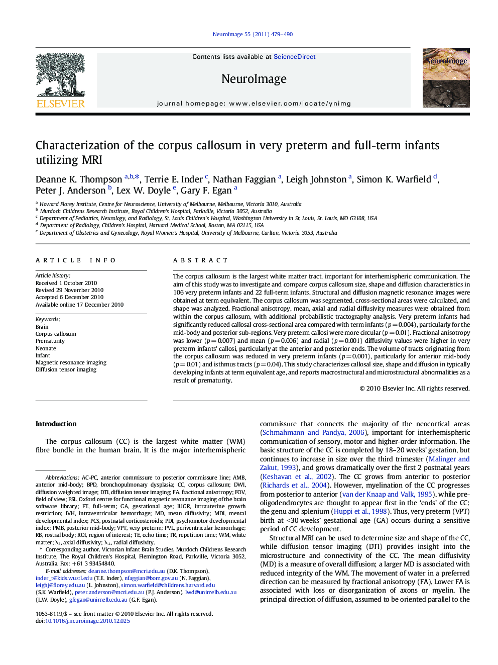 Characterization of the corpus callosum in very preterm and full-term infants utilizing MRI