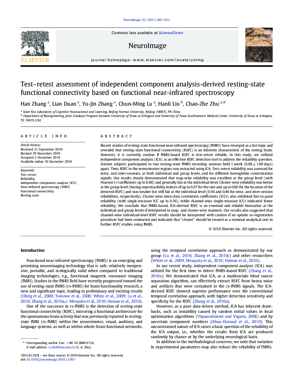 Test-retest assessment of independent component analysis-derived resting-state functional connectivity based on functional near-infrared spectroscopy