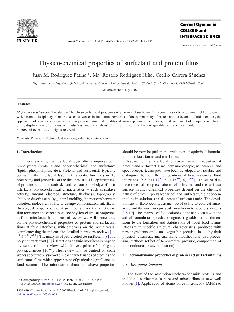 Physico-chemical properties of surfactant and protein films