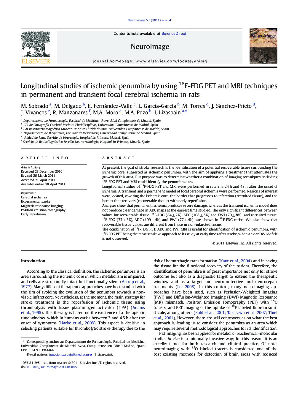 Longitudinal studies of ischemic penumbra by using 18F-FDG PET and MRI techniques in permanent and transient focal cerebral ischemia in rats