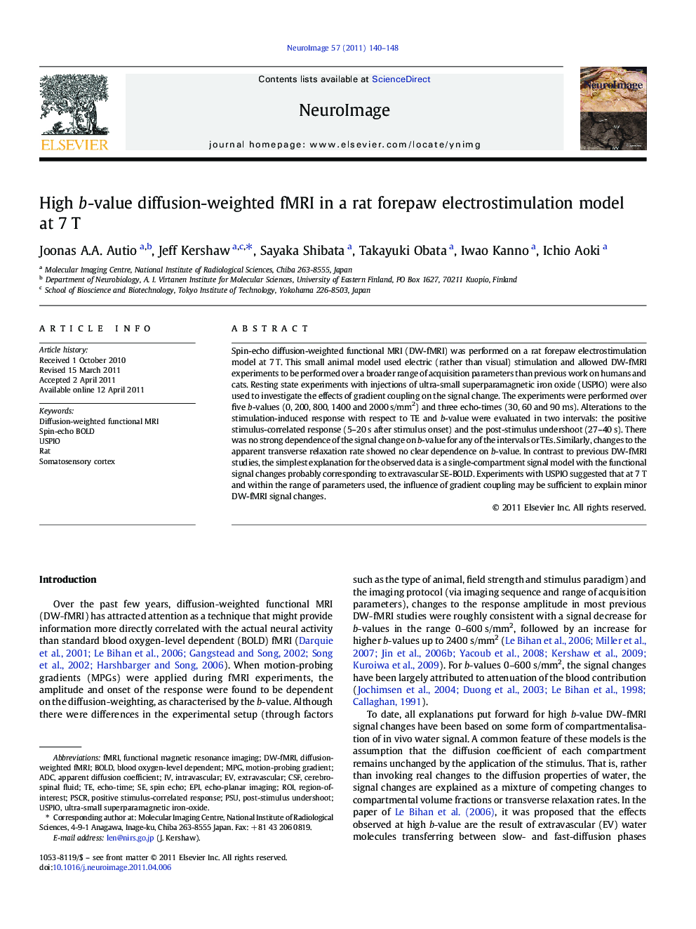 High b-value diffusion-weighted fMRI in a rat forepaw electrostimulation model at 7Â T