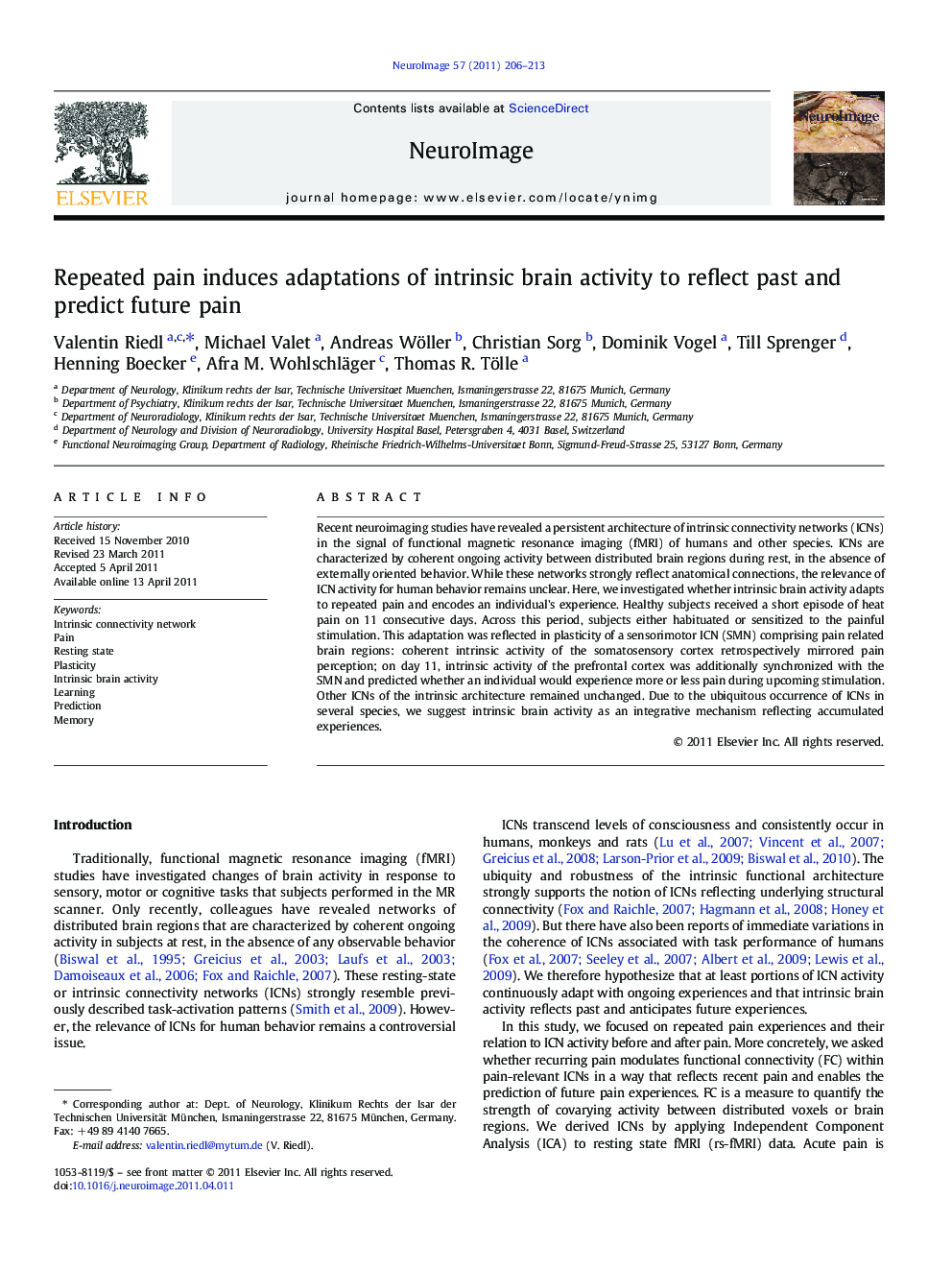 Repeated pain induces adaptations of intrinsic brain activity to reflect past and predict future pain