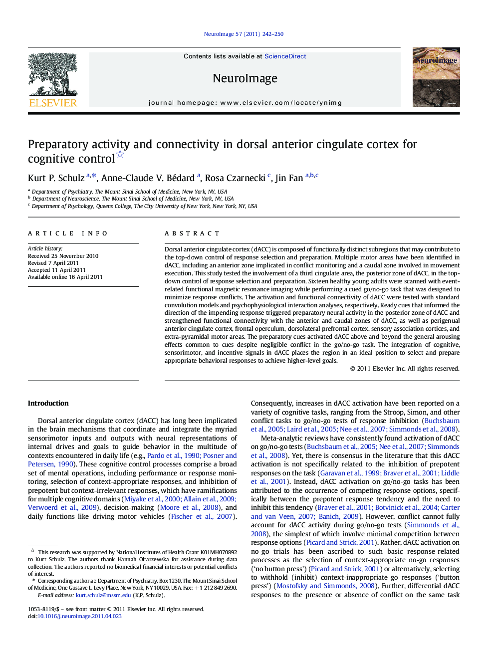Preparatory activity and connectivity in dorsal anterior cingulate cortex for cognitive control