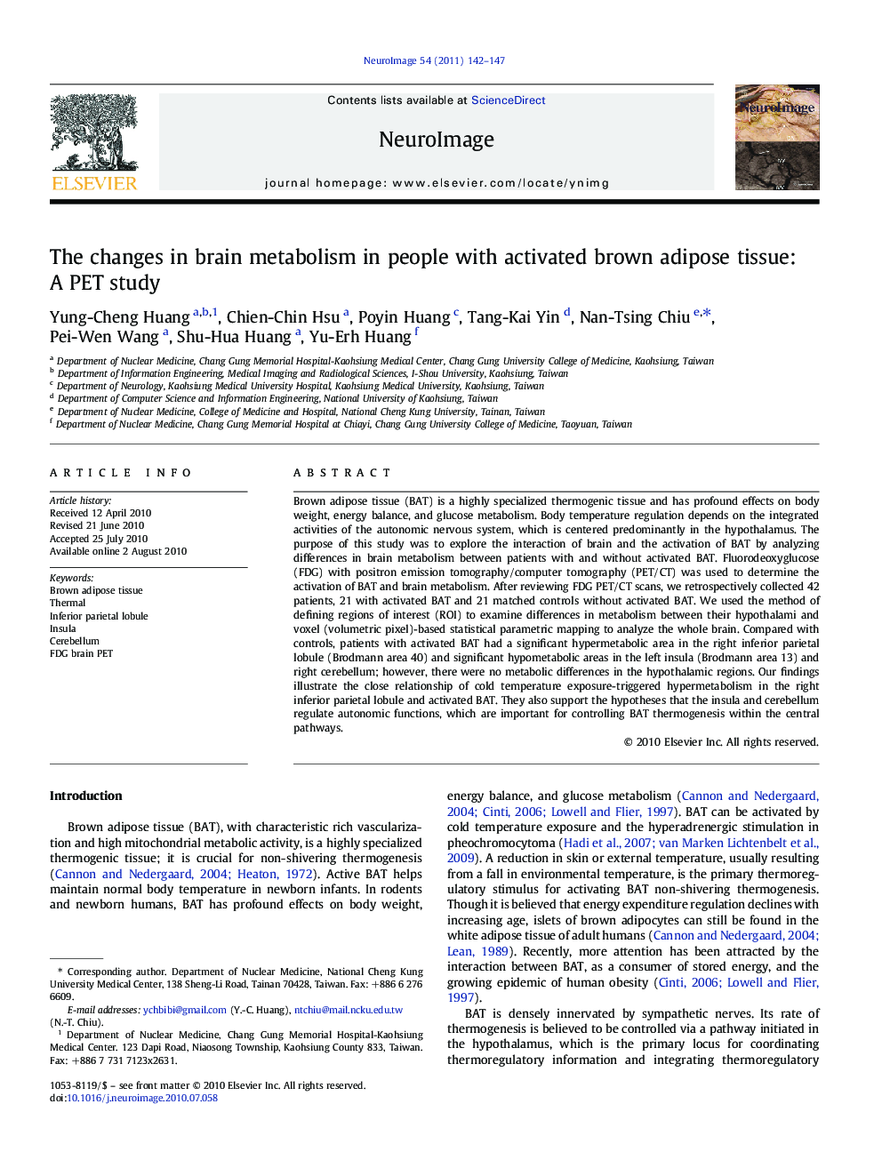 The changes in brain metabolism in people with activated brown adipose tissue: A PET study