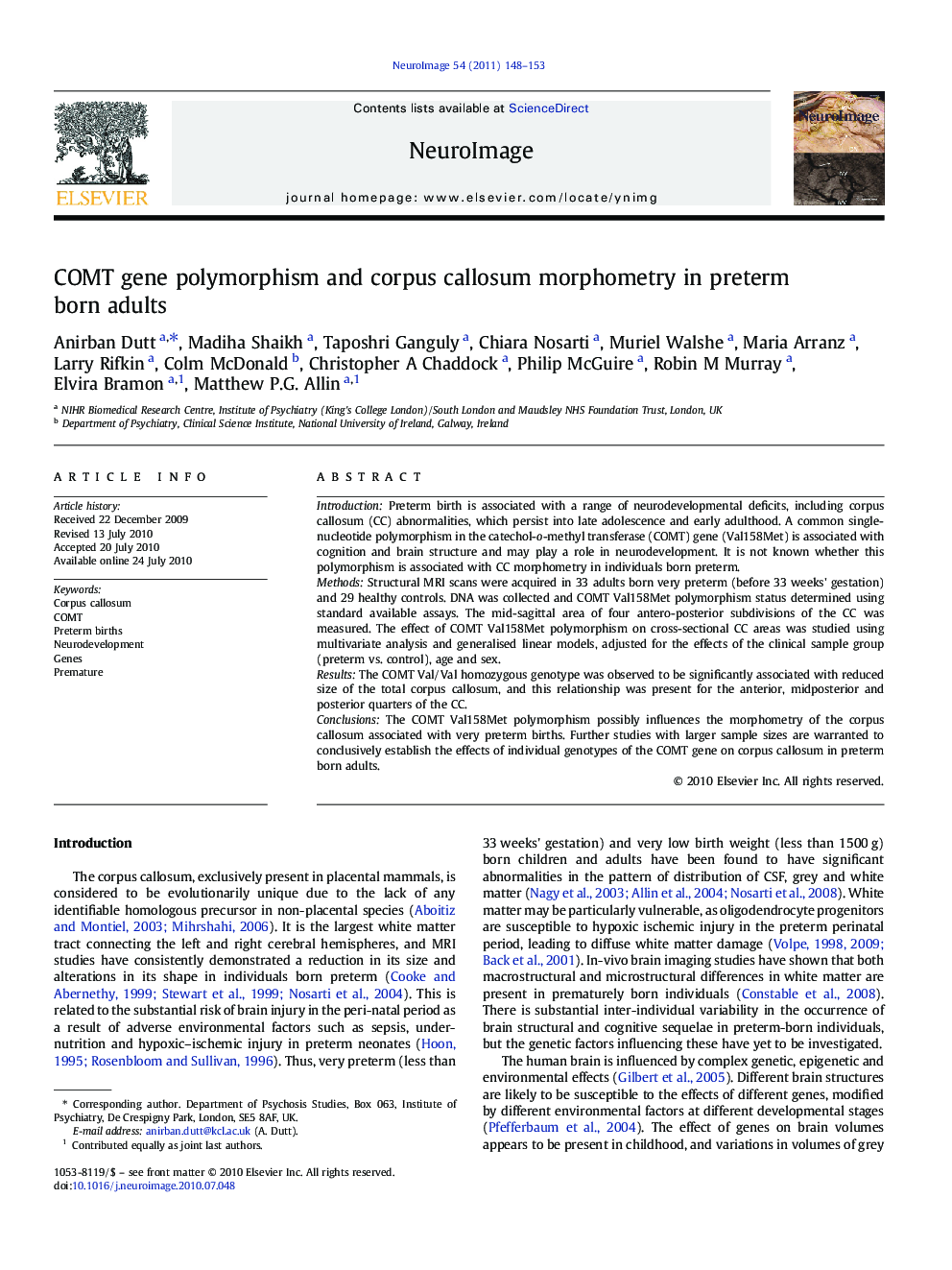 COMT gene polymorphism and corpus callosum morphometry in preterm born adults