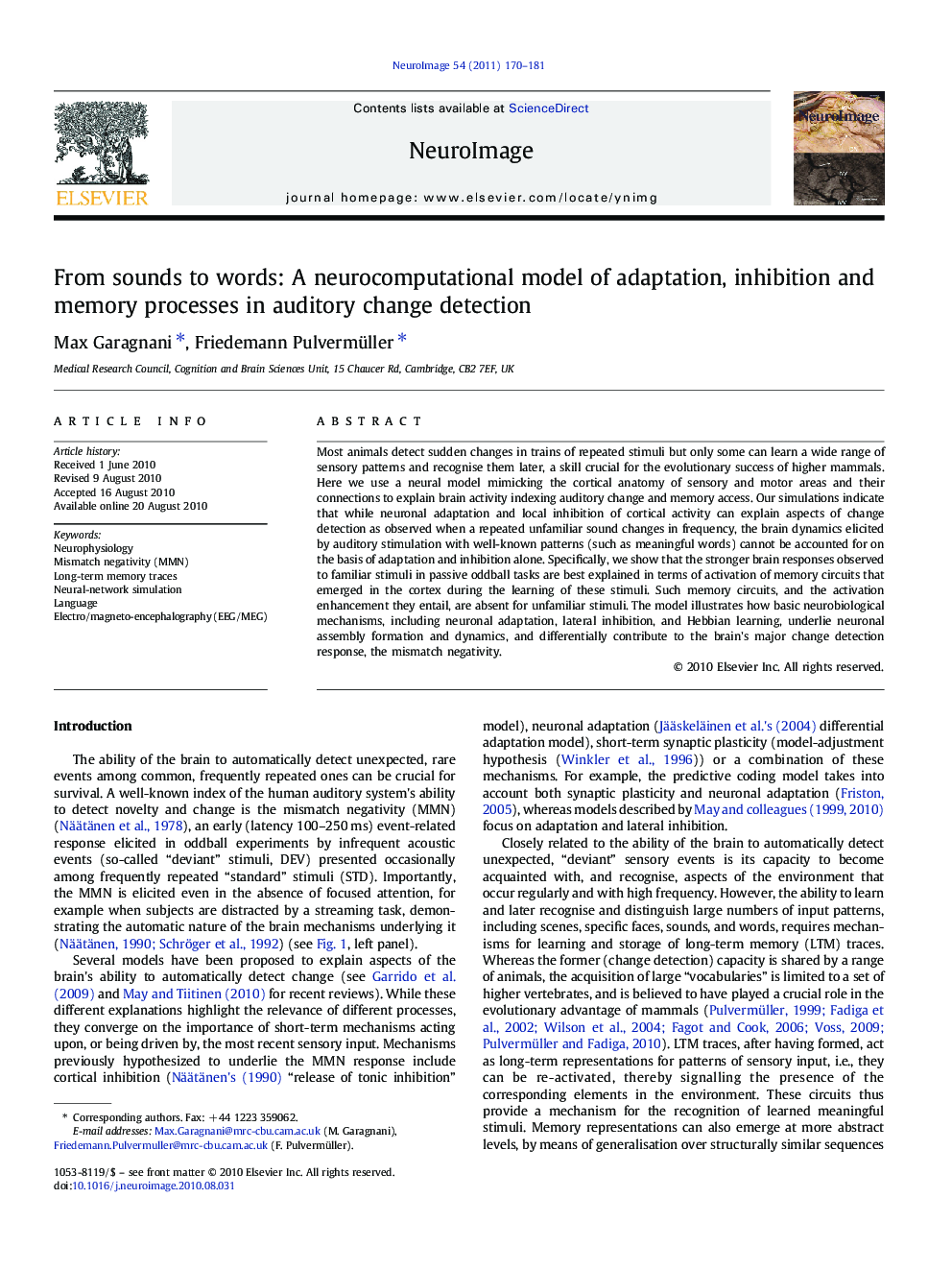 From sounds to words: A neurocomputational model of adaptation, inhibition and memory processes in auditory change detection