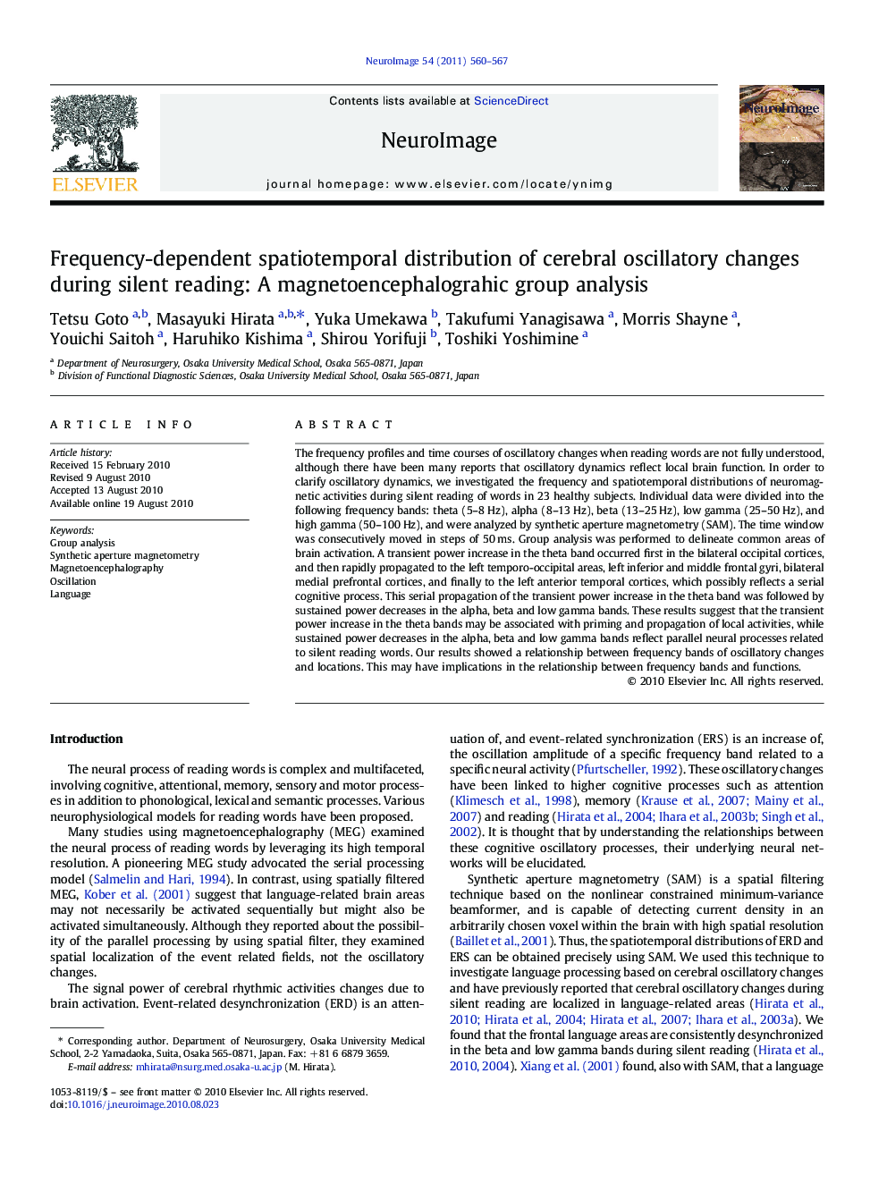 Frequency-dependent spatiotemporal distribution of cerebral oscillatory changes during silent reading: A magnetoencephalograhic group analysis