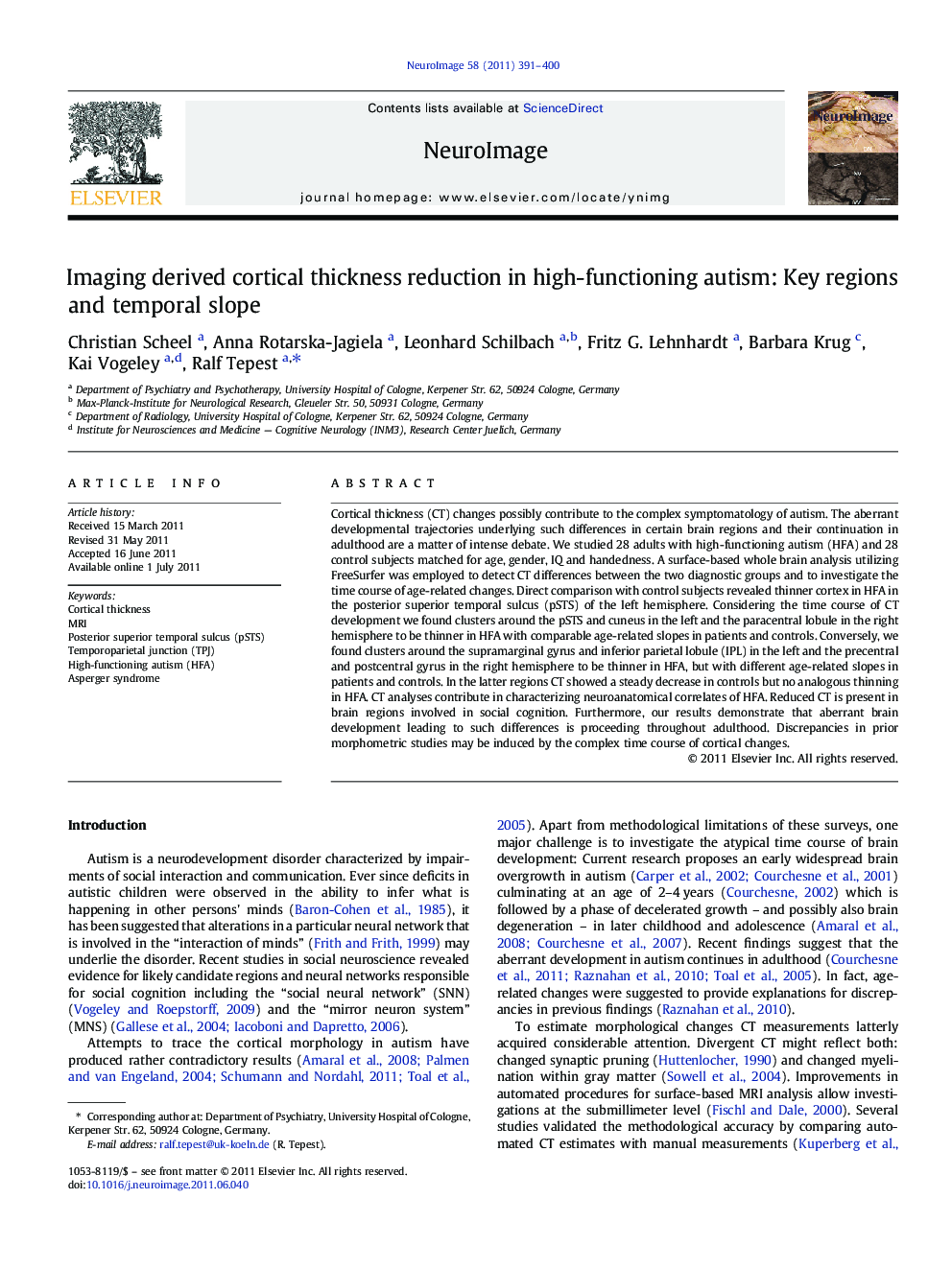 Imaging derived cortical thickness reduction in high-functioning autism: Key regions and temporal slope