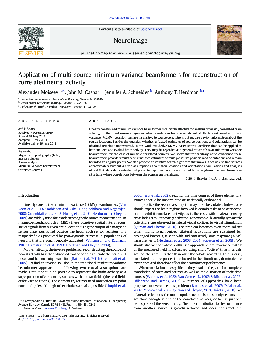 Application of multi-source minimum variance beamformers for reconstruction of correlated neural activity