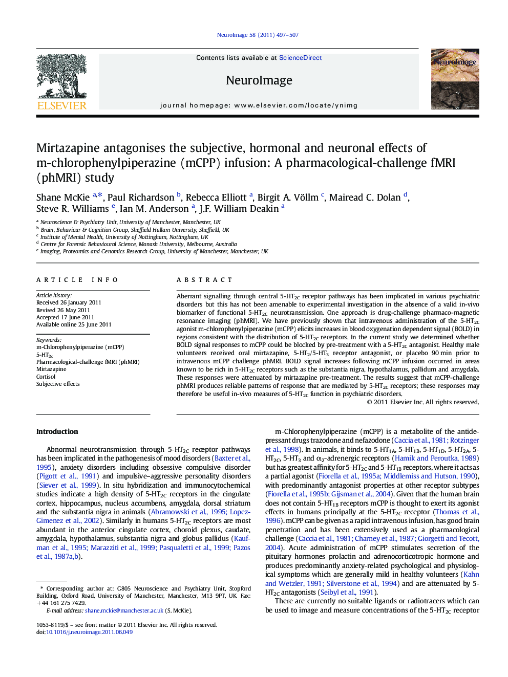 Mirtazapine antagonises the subjective, hormonal and neuronal effects of m-chlorophenylpiperazine (mCPP) infusion: A pharmacological-challenge fMRI (phMRI) study