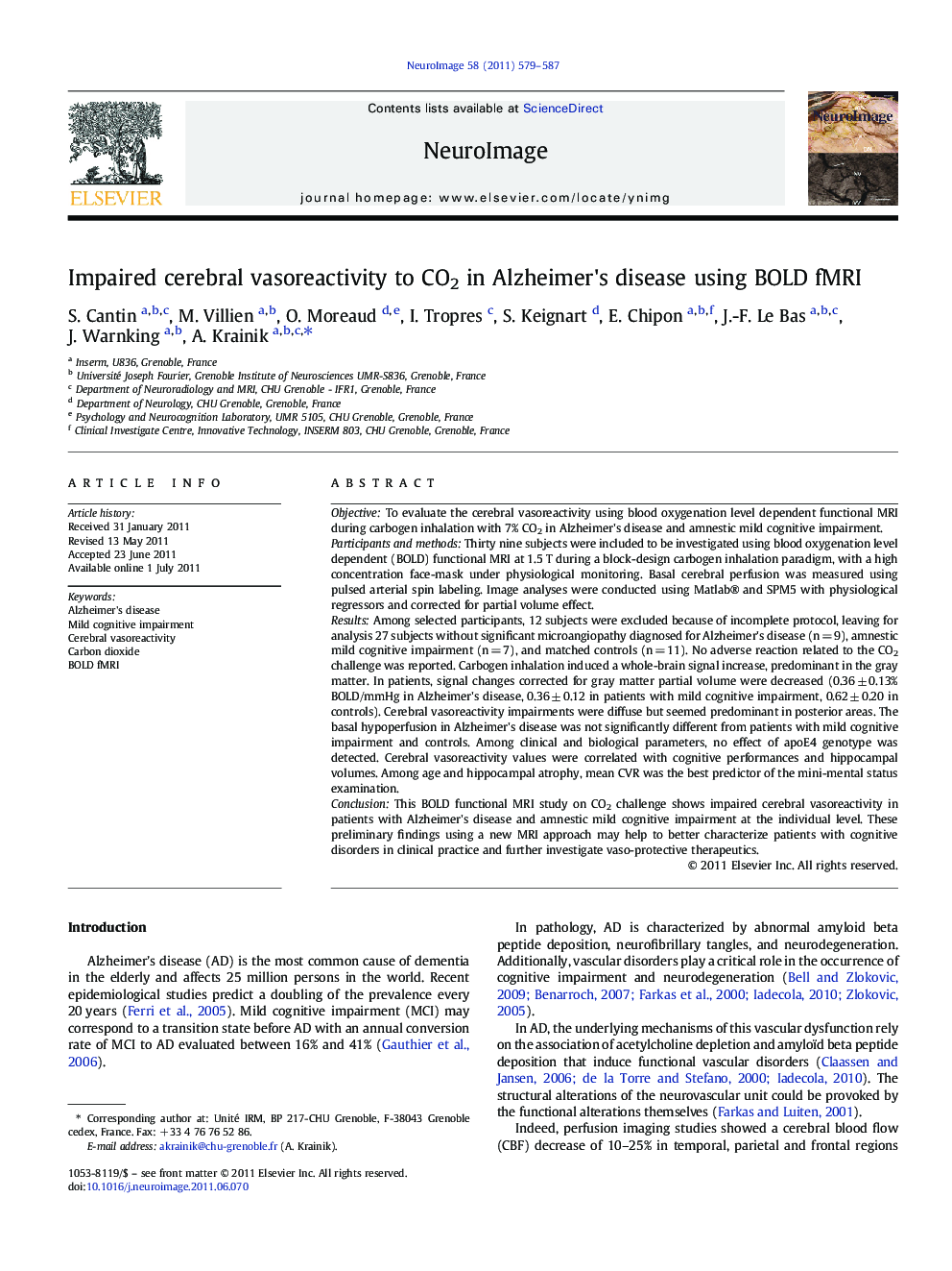 Impaired cerebral vasoreactivity to CO2 in Alzheimer's disease using BOLD fMRI