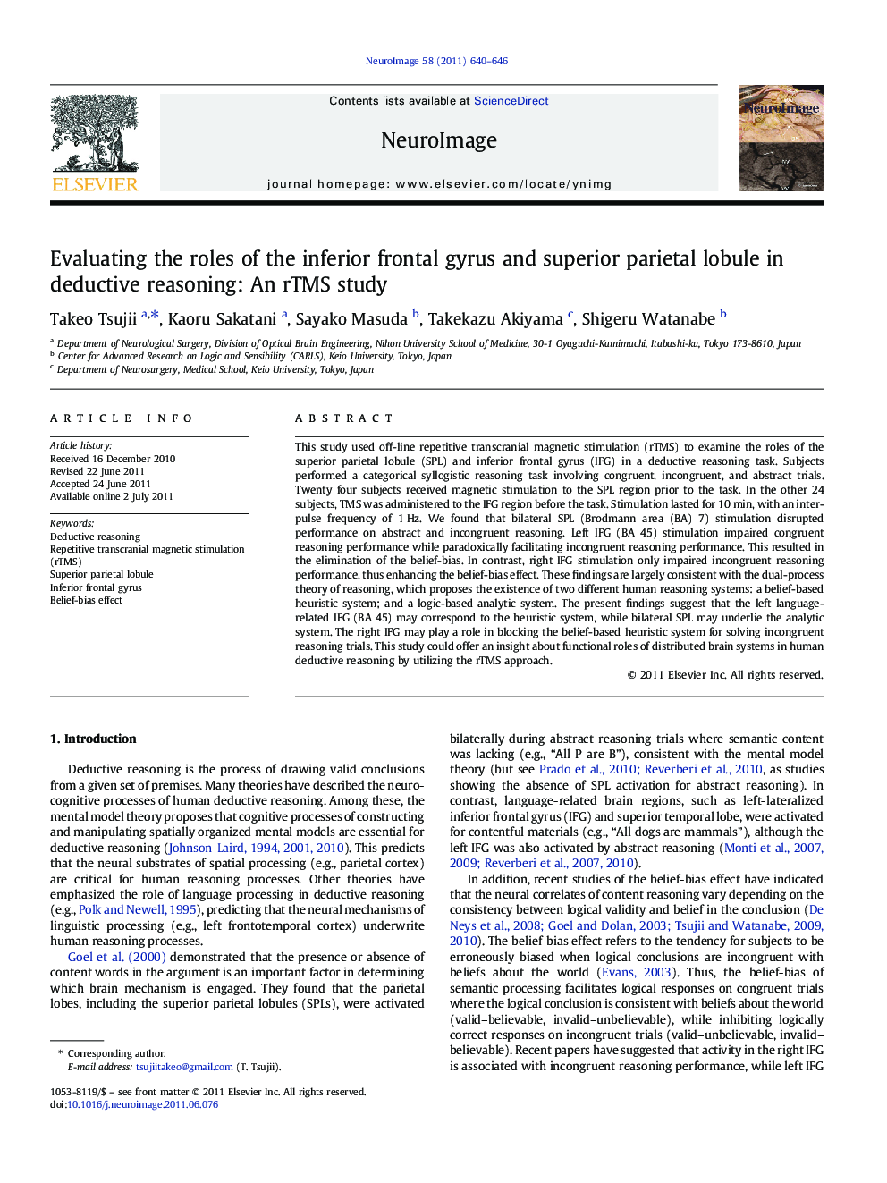 Evaluating the roles of the inferior frontal gyrus and superior parietal lobule in deductive reasoning: An rTMS study