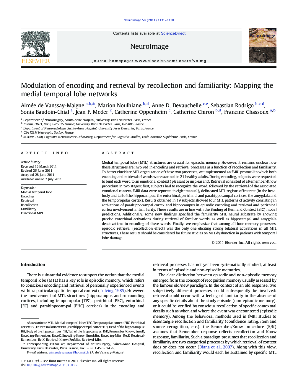 Modulation of encoding and retrieval by recollection and familiarity: Mapping the medial temporal lobe networks