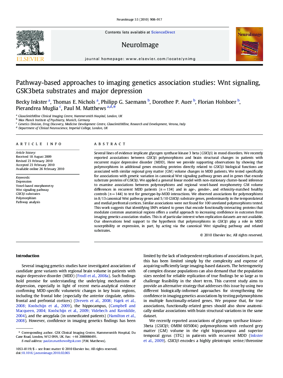 Pathway-based approaches to imaging genetics association studies: Wnt signaling, GSK3beta substrates and major depression