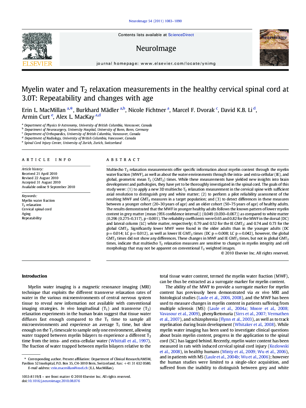 Myelin water and T2 relaxation measurements in the healthy cervical spinal cord at 3.0T: Repeatability and changes with age