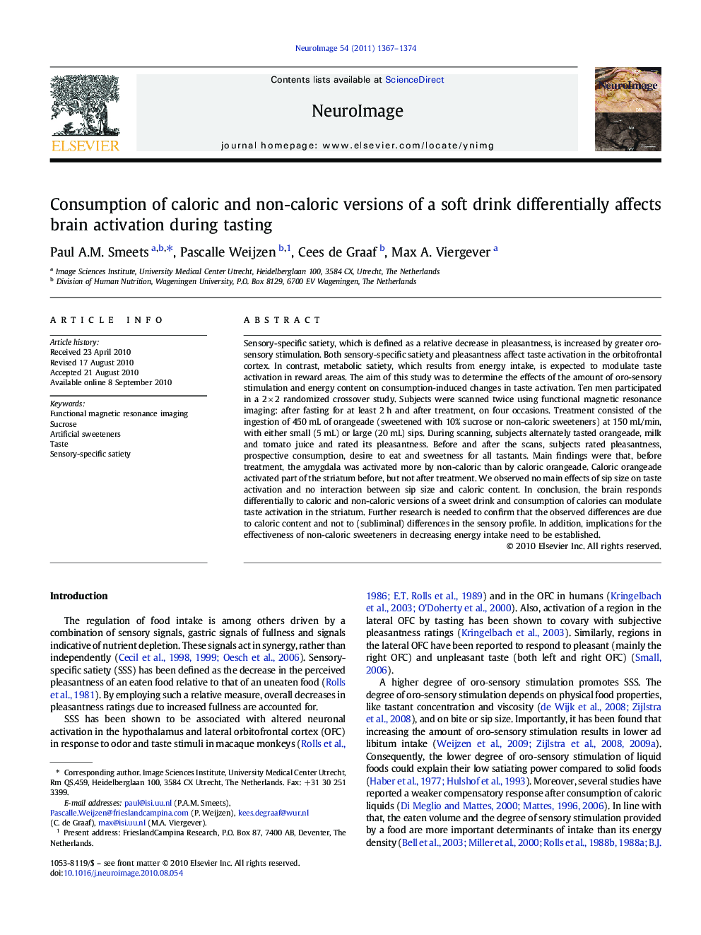 Consumption of caloric and non-caloric versions of a soft drink differentially affects brain activation during tasting