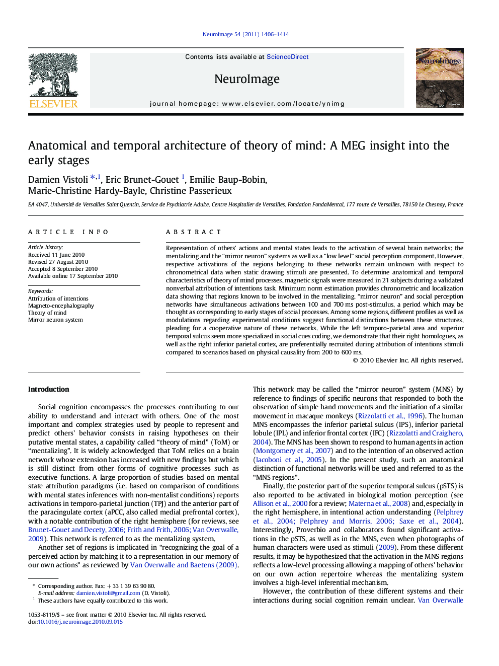 Anatomical and temporal architecture of theory of mind: A MEG insight into the early stages