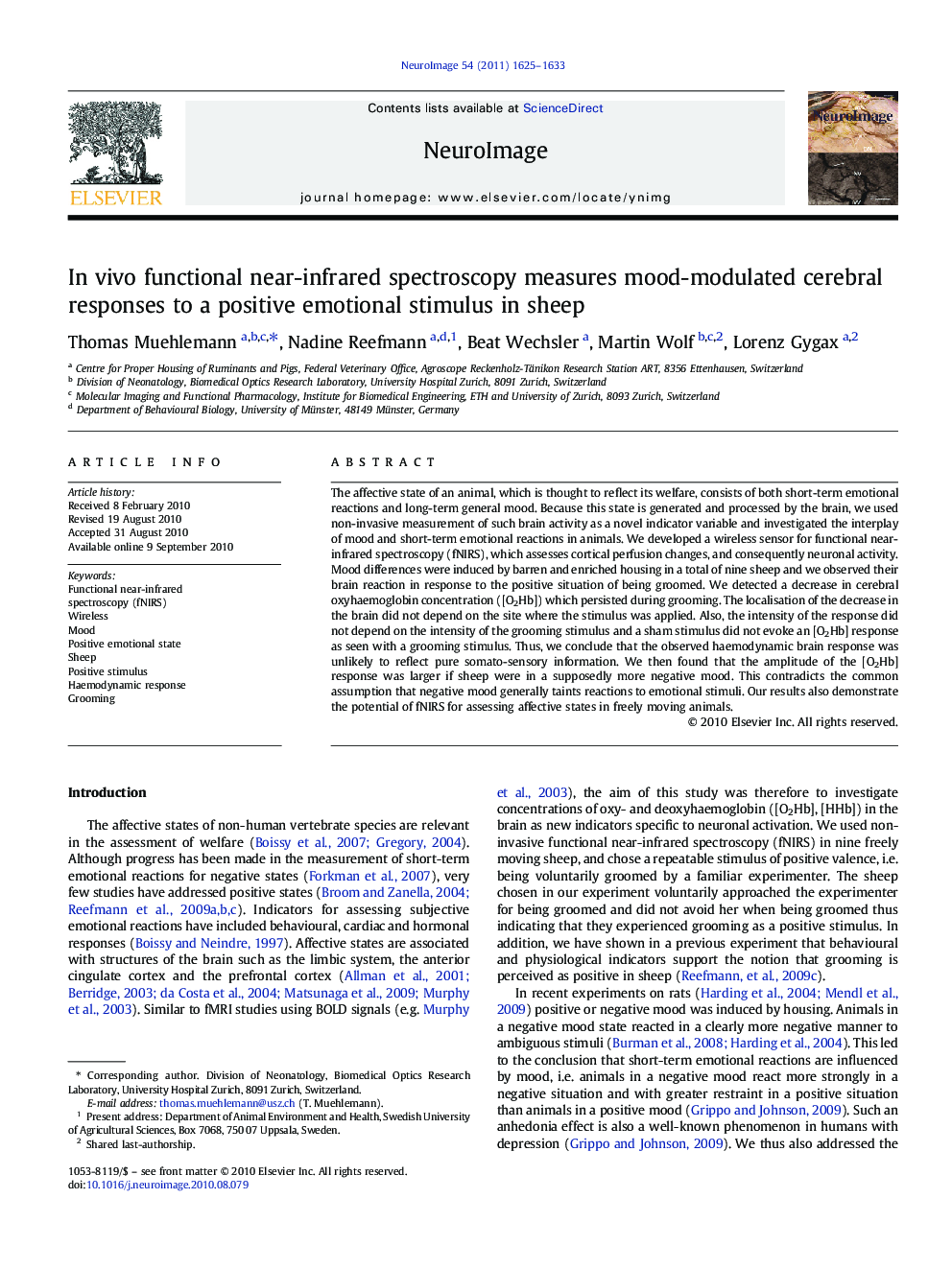 In vivo functional near-infrared spectroscopy measures mood-modulated cerebral responses to a positive emotional stimulus in sheep