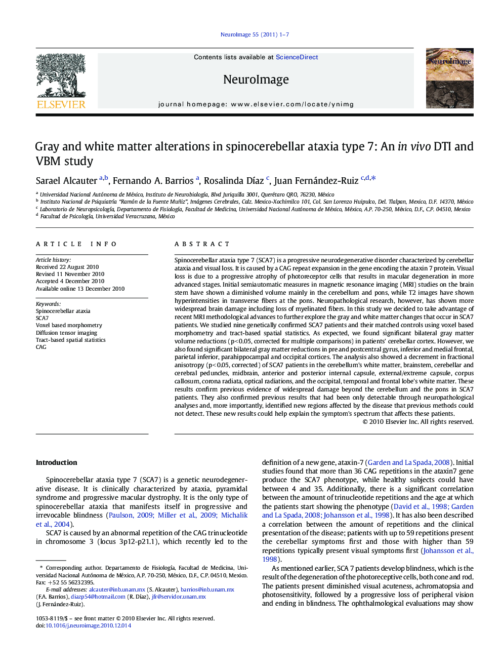 Gray and white matter alterations in spinocerebellar ataxia type 7: An in vivo DTI and VBM study