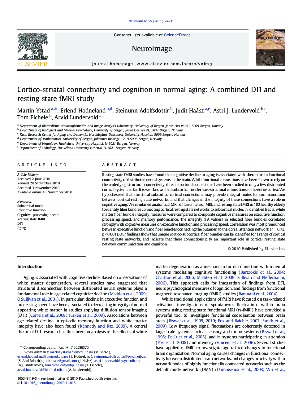 Cortico-striatal connectivity and cognition in normal aging: A combined DTI and resting state fMRI study