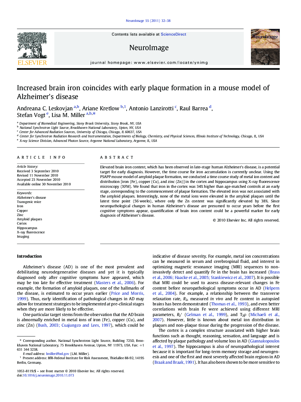 Increased brain iron coincides with early plaque formation in a mouse model of Alzheimer's disease