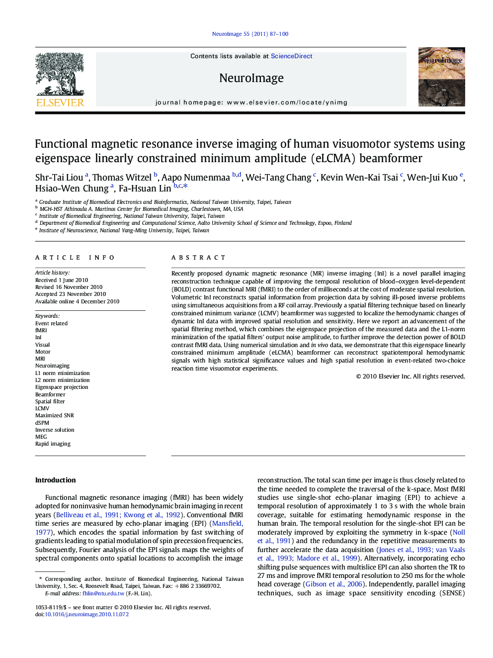 Functional magnetic resonance inverse imaging of human visuomotor systems using eigenspace linearly constrained minimum amplitude (eLCMA) beamformer