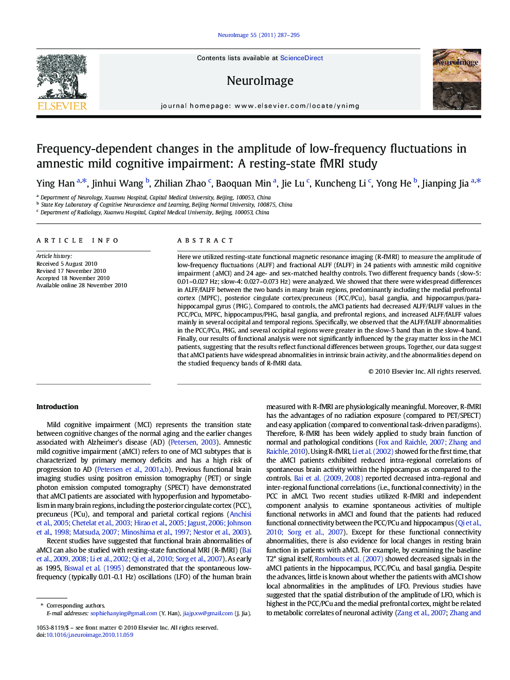 Frequency-dependent changes in the amplitude of low-frequency fluctuations in amnestic mild cognitive impairment: A resting-state fMRI study