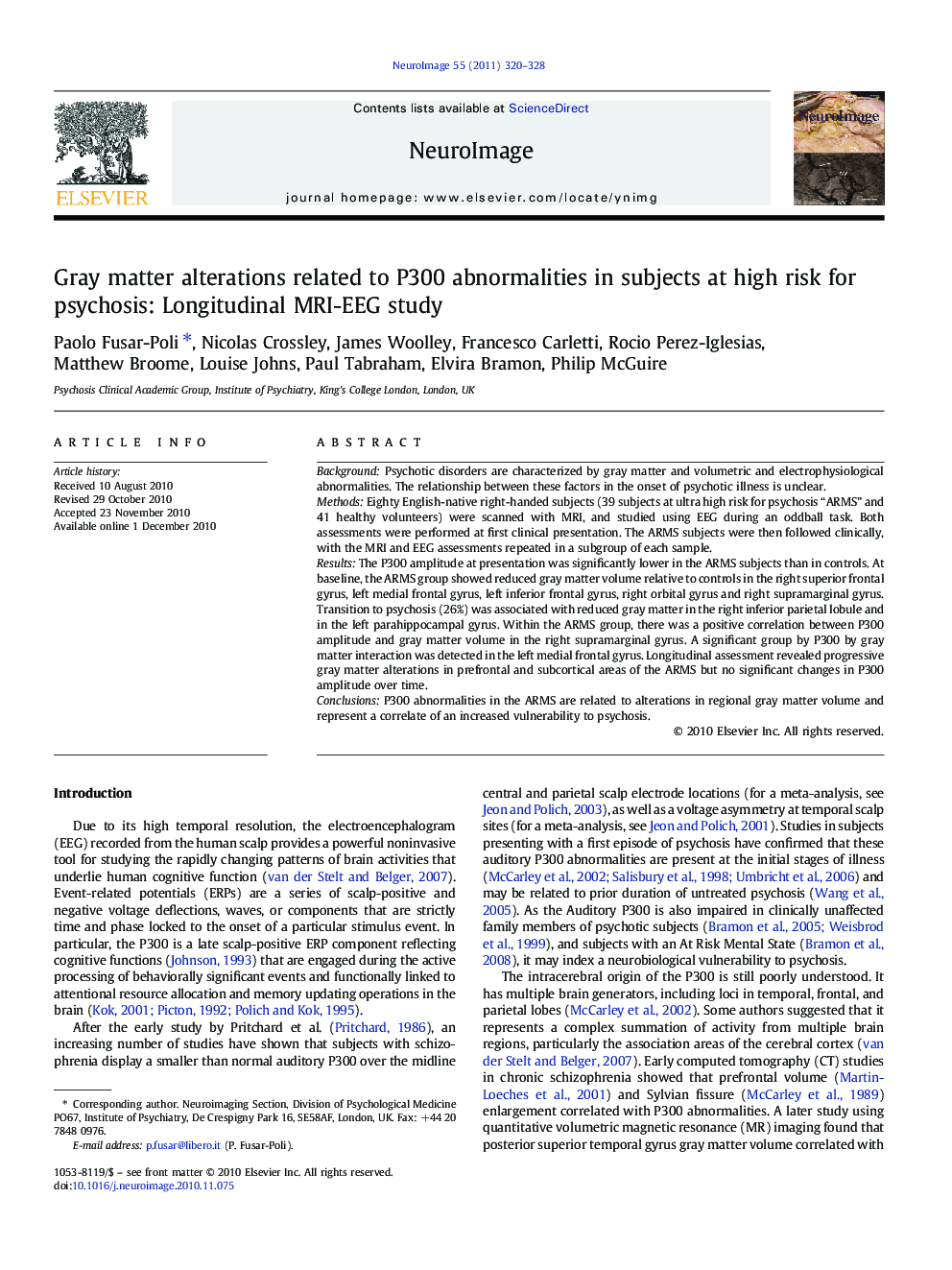 Gray matter alterations related to P300 abnormalities in subjects at high risk for psychosis: Longitudinal MRI-EEG study
