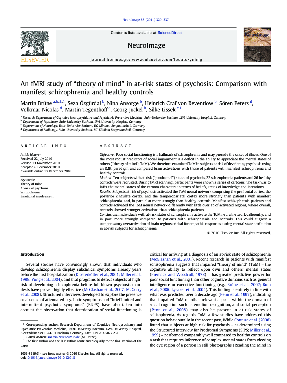 An fMRI study of “theory of mind” in at-risk states of psychosis: Comparison with manifest schizophrenia and healthy controls