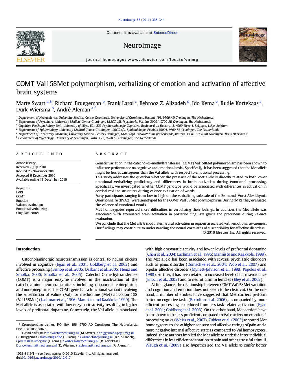 COMT Val158Met polymorphism, verbalizing of emotion and activation of affective brain systems