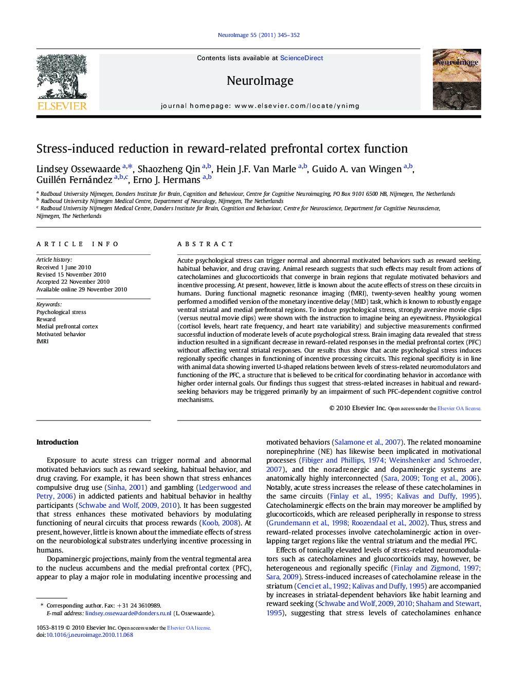 Stress-induced reduction in reward-related prefrontal cortex function